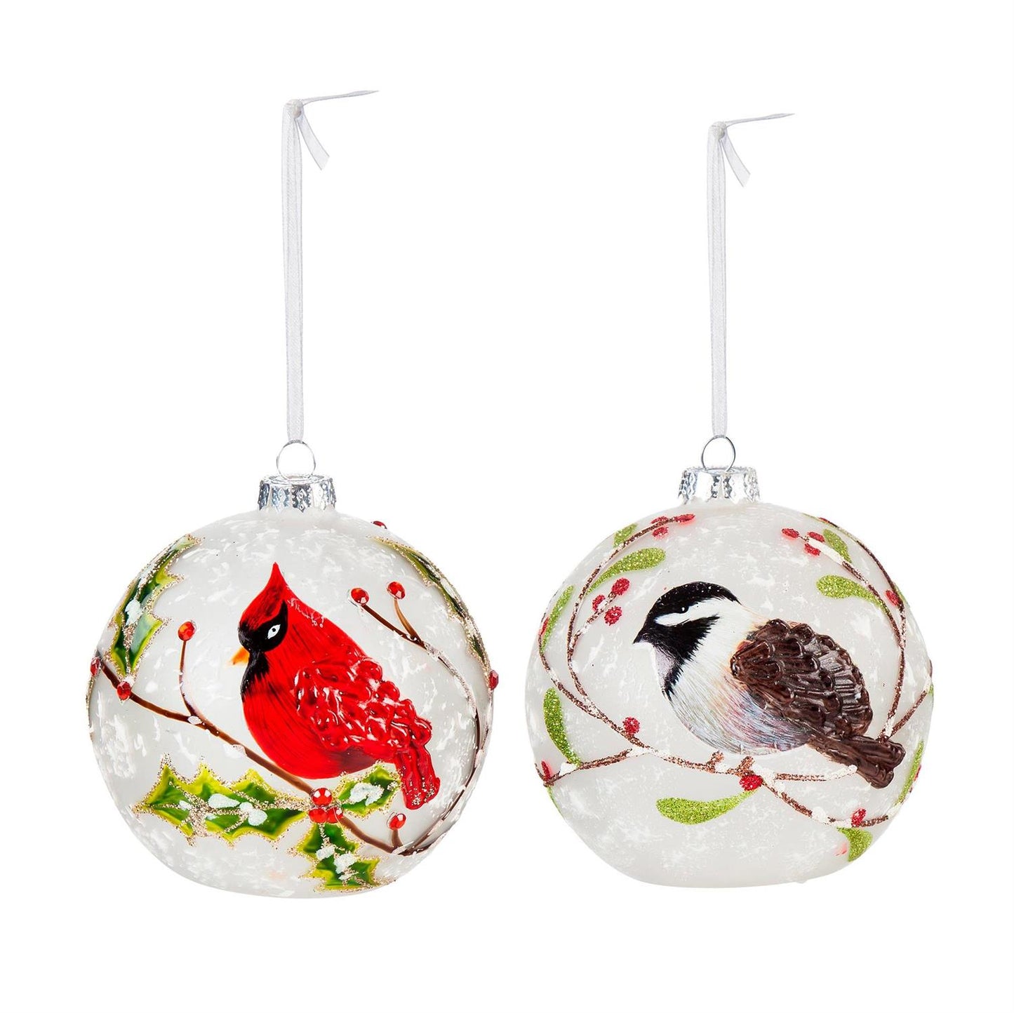 Cardinal and Chickadee Glass LED Ornament